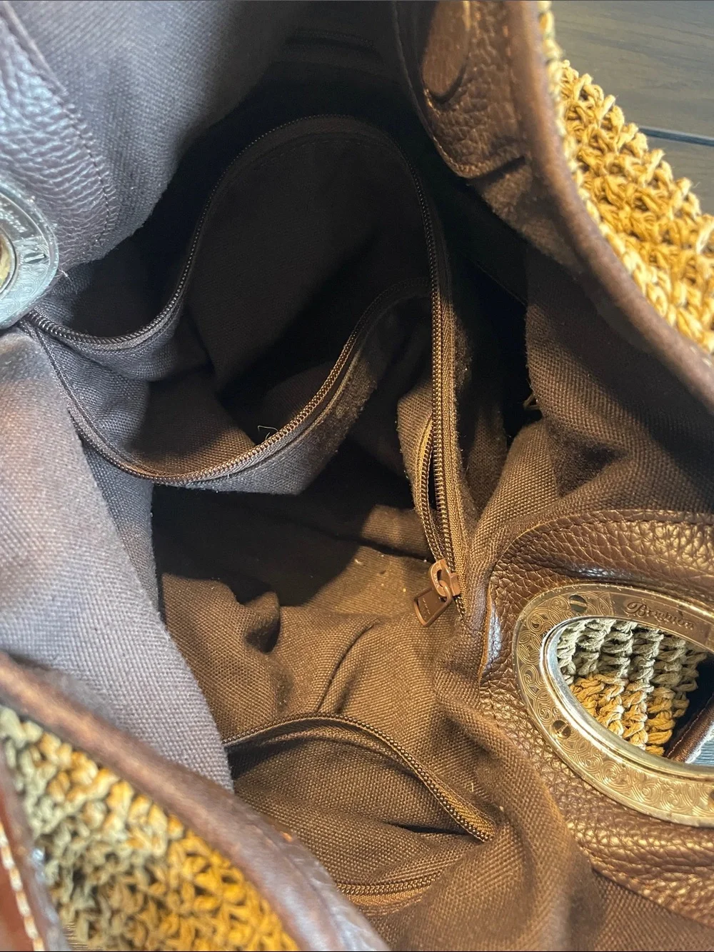 Brighton Brown Woven Hobo Bag with Dark Brown Trim